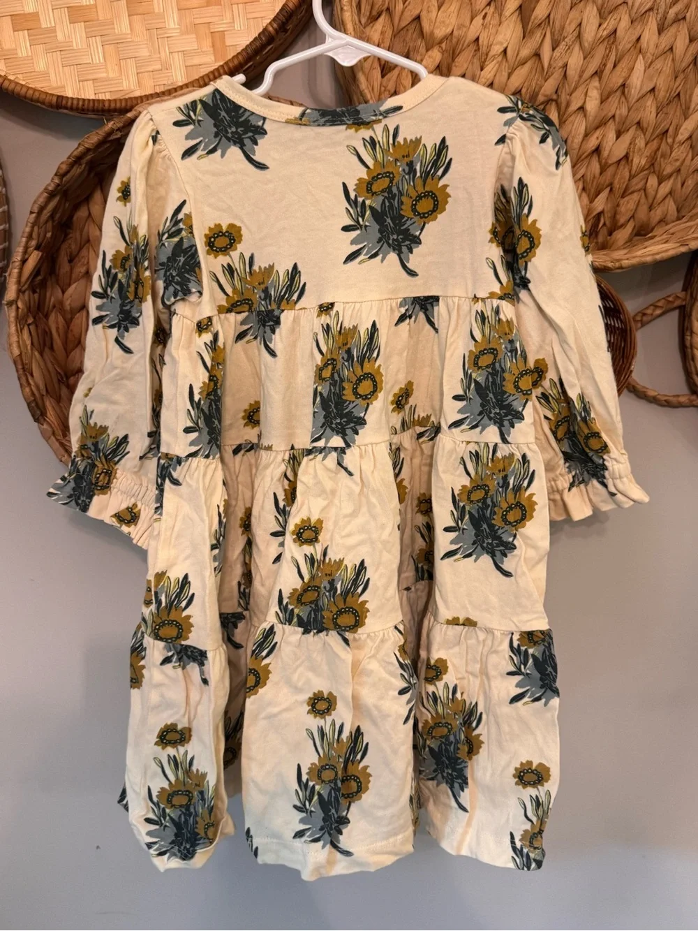 Cream Floral prairie Tiered Dress with Mustard Sunflower Print